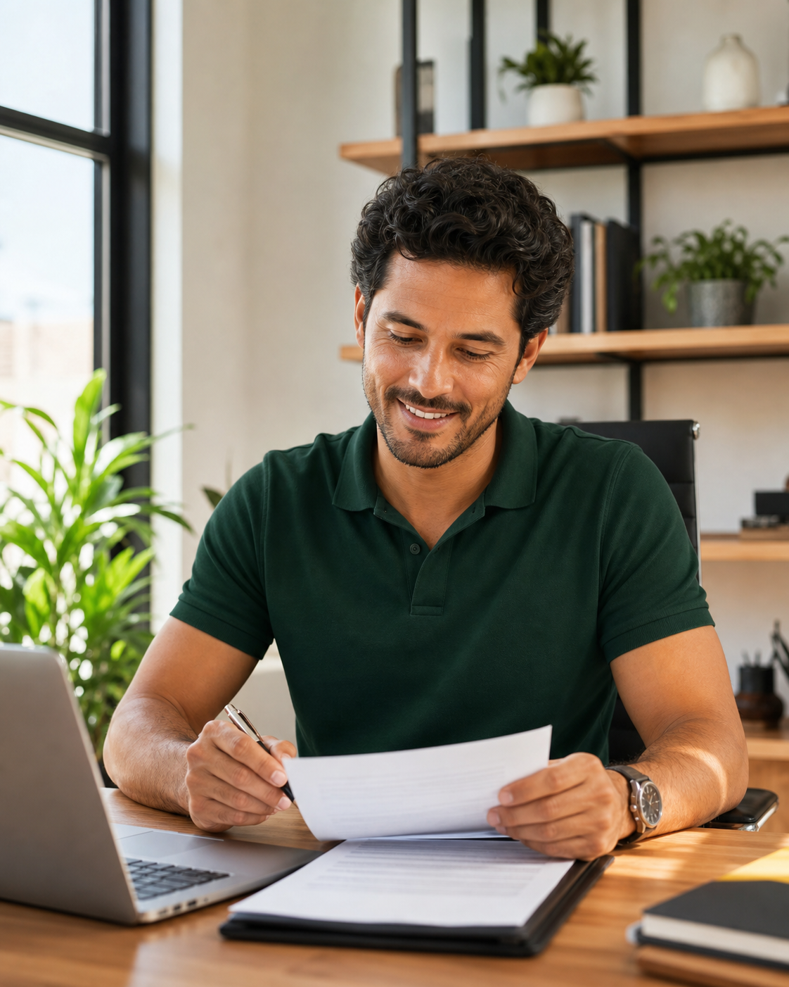 Prestador de servicos analisando um contrato em seu escritorio